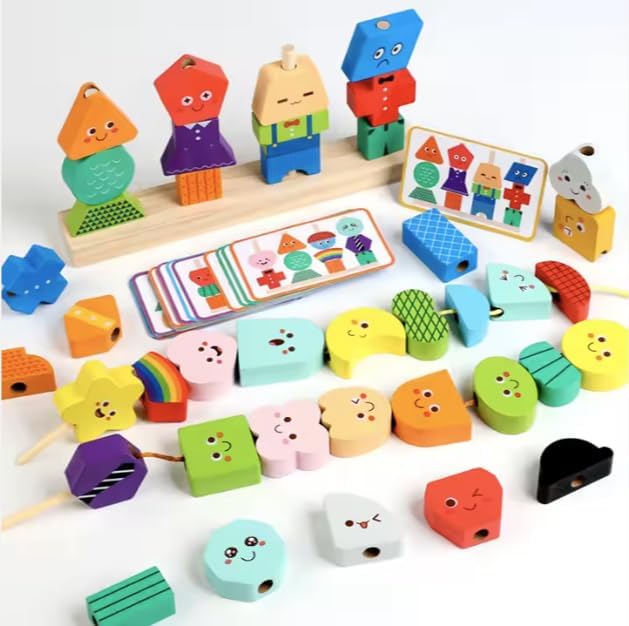 Montessori Wooden Stacking Blocks Sequencing Game Lacing Beads Toy Set for Kids, STEM Shape Matching Educational Toy for 3+ Year Old Boy Girl, Quiet Scree-Free Fine Motor Skills Activity for Toddler