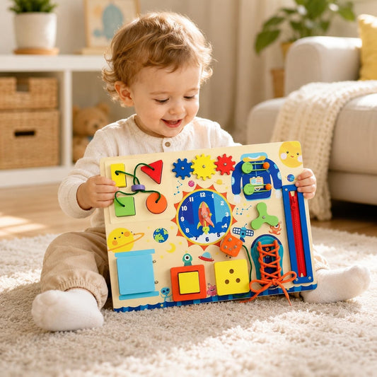 Montessori Busy Board with Adjustable Stand, Natural Wood Space-Theme Fun Sensory Activity Toys for 1-3 Year Old Baby Toddler Learning Skills