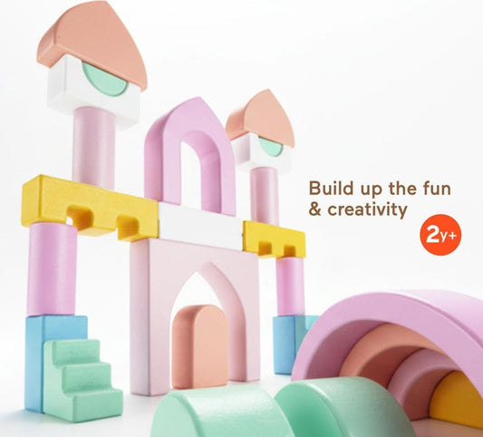 Fisher-Price Wood Toddler Toy Castle Block Set, 28 Wooden Pieces for Stacking Developmental Play Preschool Kids Ages 2+ Years