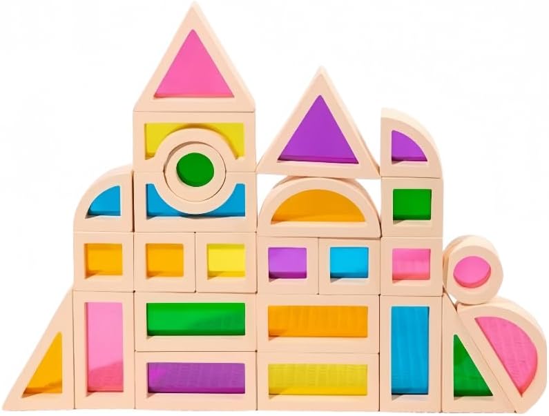 Rainbow Sensory Toys Blocks,15 Pcs Large Wooden Building Blocks for Toddlers Baby Kids,Colorful Geometric Stacking Toys, Preschool Educational Toy Set