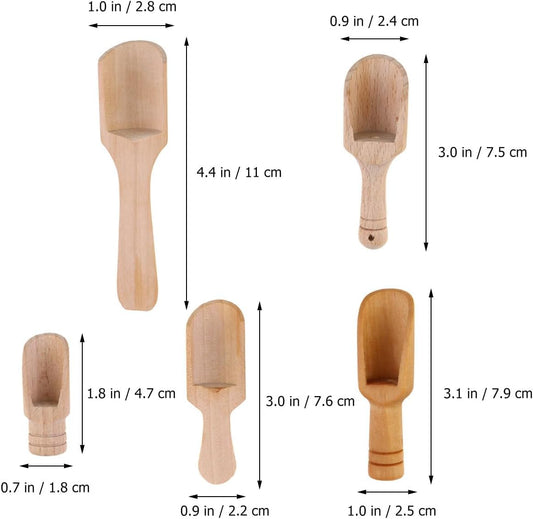 Bath Salt Scoop: 5PCS Mini Wooden Spoon Mini Bath Salt Spoon Tea Scoop Wooden Candy Small Spice s for Flour, Sugar, Cereal, (5 Sizes)