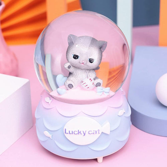 Lucky Cat Musical Snow Globe for Kids, 80MM Animal Resin/Glass Snow Globe with Color Changed Lights for Home Decor & Shelf Decorations (A#)