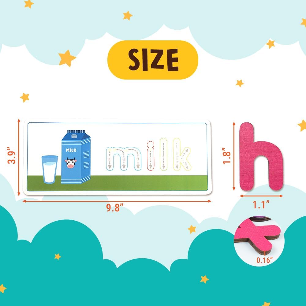 CVC Flashcards, Reusable Write & Match Spelling Game for Kids 3-6, Laminated Alphabet Cards with Wooden Letters & Dry Erase Marker, Montessori Learning Toy