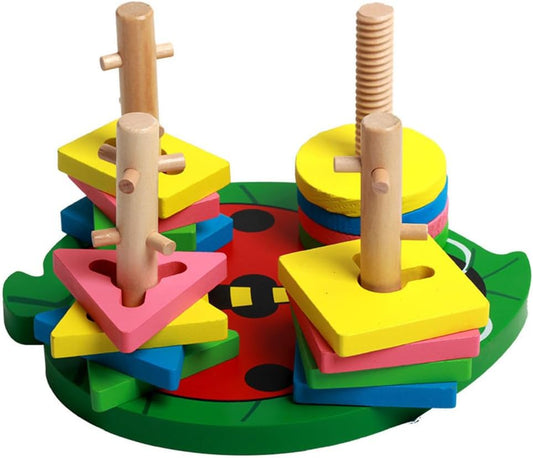 Montessori 4-Pillar Beetle Stacking Blocks, Wooden Shape & Color Recognition Toy