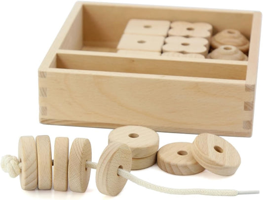 Kiddison Lacing Bead 27 Large Wooden Beads 1 Lace for Toddlers 2-4 – Large Wooden Threading & Stringing Toy with Tray – Fine Motor Skills Activity for Preschool & Occupational Therapy