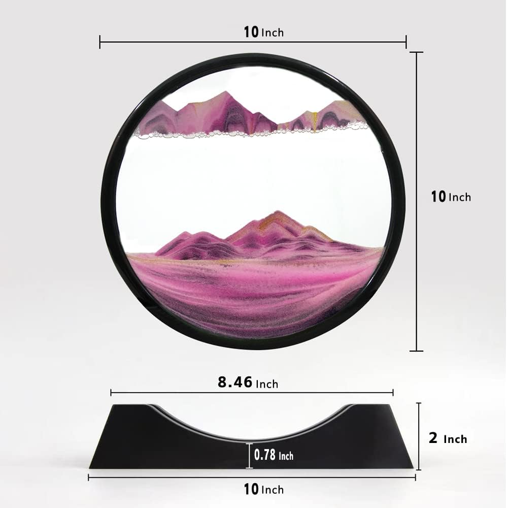 3D Dynamic Sand Art Liquid Motion, Moving Sand Art Picture Round Glass 3D Deep Sea Sandscape in Motion Display Flowing Sand Frame Relaxing Desktop Home Office Work Decor (12“, Pink)