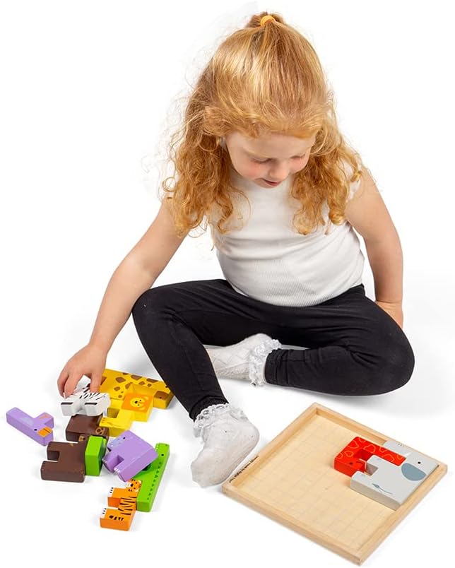 Bigjigs Toys Animal Lock-a-Block Puzzle - 11 Piece Building Block Puzzle & Stacking Animals Toy in One, Puzzle Games for 3 4 5 Year olds, Tangram Puzzles for Kids