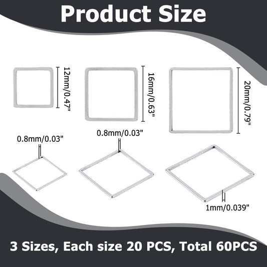 60Pcs 3 Sizes Stainless Steel Hollow Square Pendants Cube Open Bezel Blank linking Rings Square Frame Connector Charms For Jewelry Craft Kits Making DIY