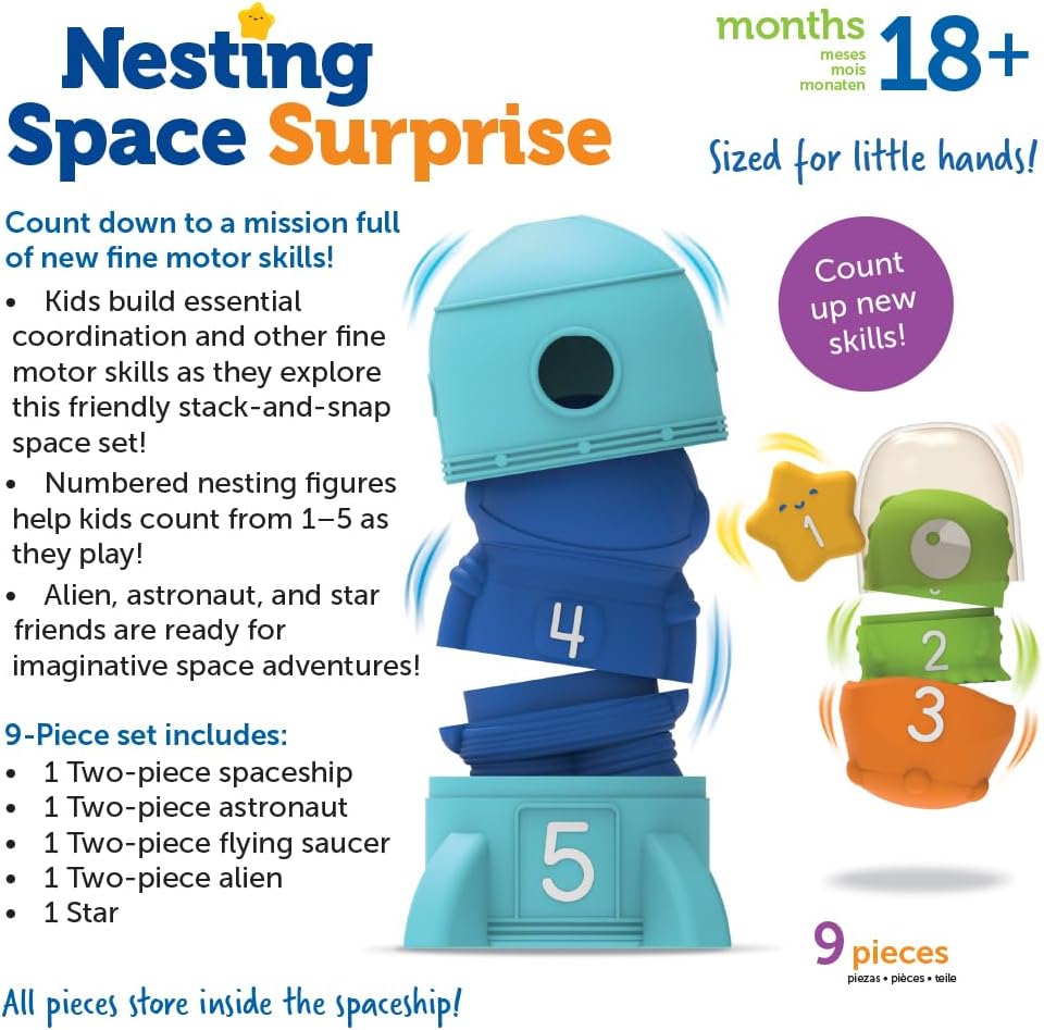 Learning Resources Nesting Space Surprise, Preschool Learning Activities, Fine Motor Skills, Montessori Preschool Toys, Space Toys, Ages 18 Months+, 9 Pieces