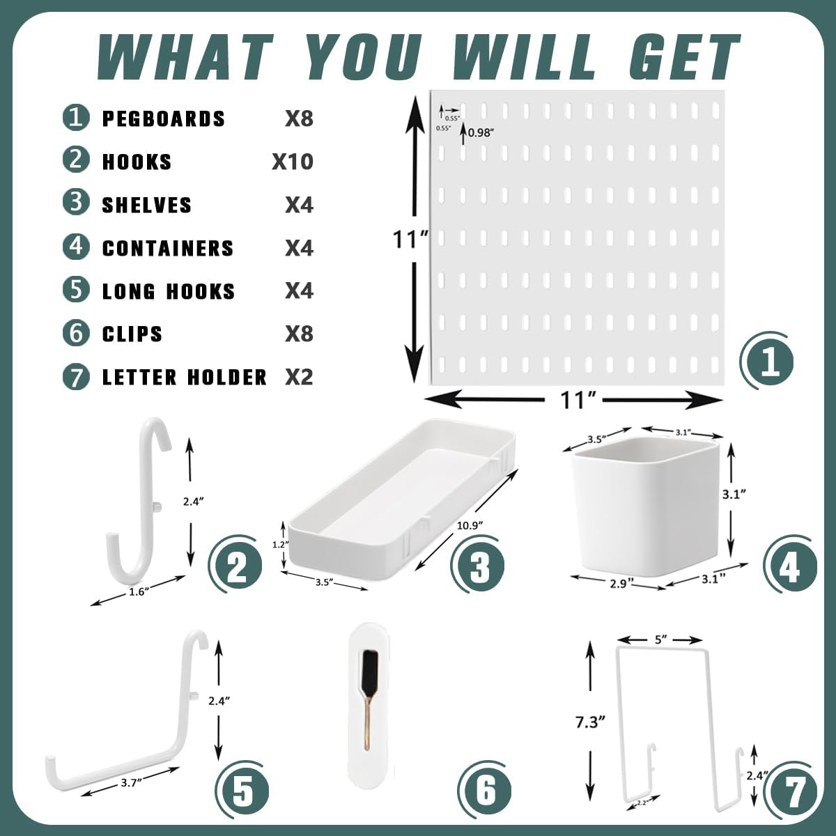 MULSAME Pegboard Combination Kit, Wall Mounted Storage Set with 4 Pegboards & 14 Accessories Hanging, White Peg Boards Organizer for Walls Display, Crafts Organization, Kitchen Organizer, 22" x 22"