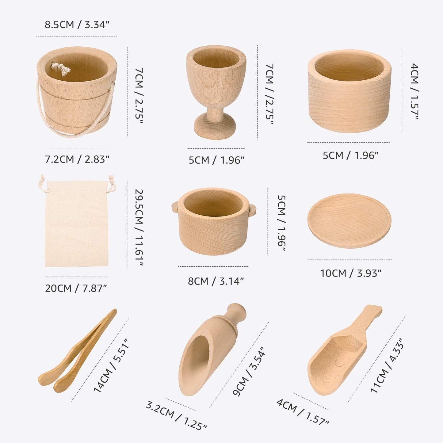 Montessori Toys Sensory Bin Toys for Toddlers Set of 9 Wooden Waldorf Toys Wooden Scoops and Tongs for Transfer Work and Fine Motor Skills Development