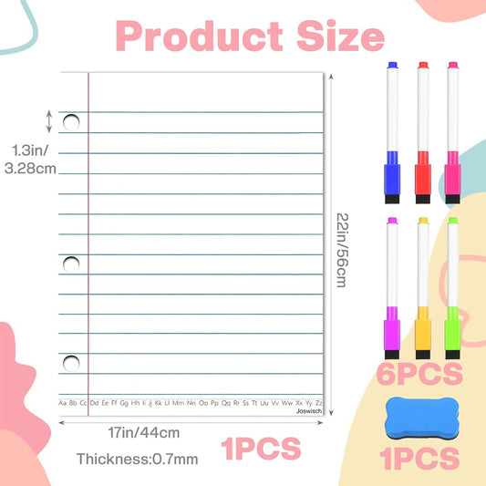 1PCS Giant Magnetic Notebook Paper 6 Magnetic Pens + 1 Eraser Erasable Handwriting Lined Paper Whiteboard Accessories, Dry Erase Notebook Teaching Aids, Homeschool Teaching Supplies 17" x 22"