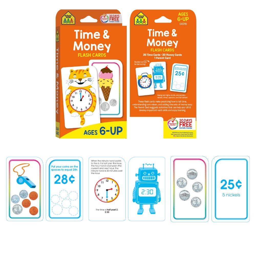 School Zone Math 3-4 4-Pack Flash Cards: 224 Cards, 3rd Grade, 4th Grade, Multiplication 0-12, Division 0-12, Math War Multiplication Game Cards, Time & Money, Telling Time, Coin Values, Ages 6+