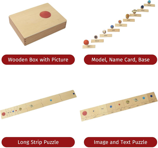 ancona Solar System, Spanish/English Bilingual, Montessori Geography & Space Learning: Preschool Memory Matching Game Box Set with 9 Planet Figurines & Matching Puzzle Cards, Early Education Toy