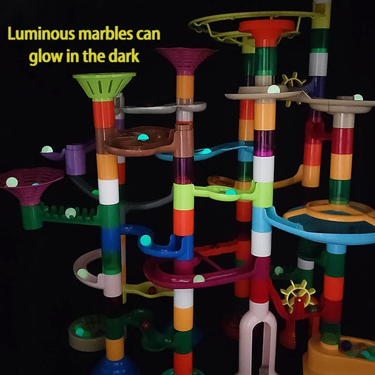 DSHMIXIA Marble Run Marble Maze Race Track with Glowing Marbles for Kids Ages 3-4-8-10 Sturdy Building Toys Kids Games Amazing Fun Gifts (Super)