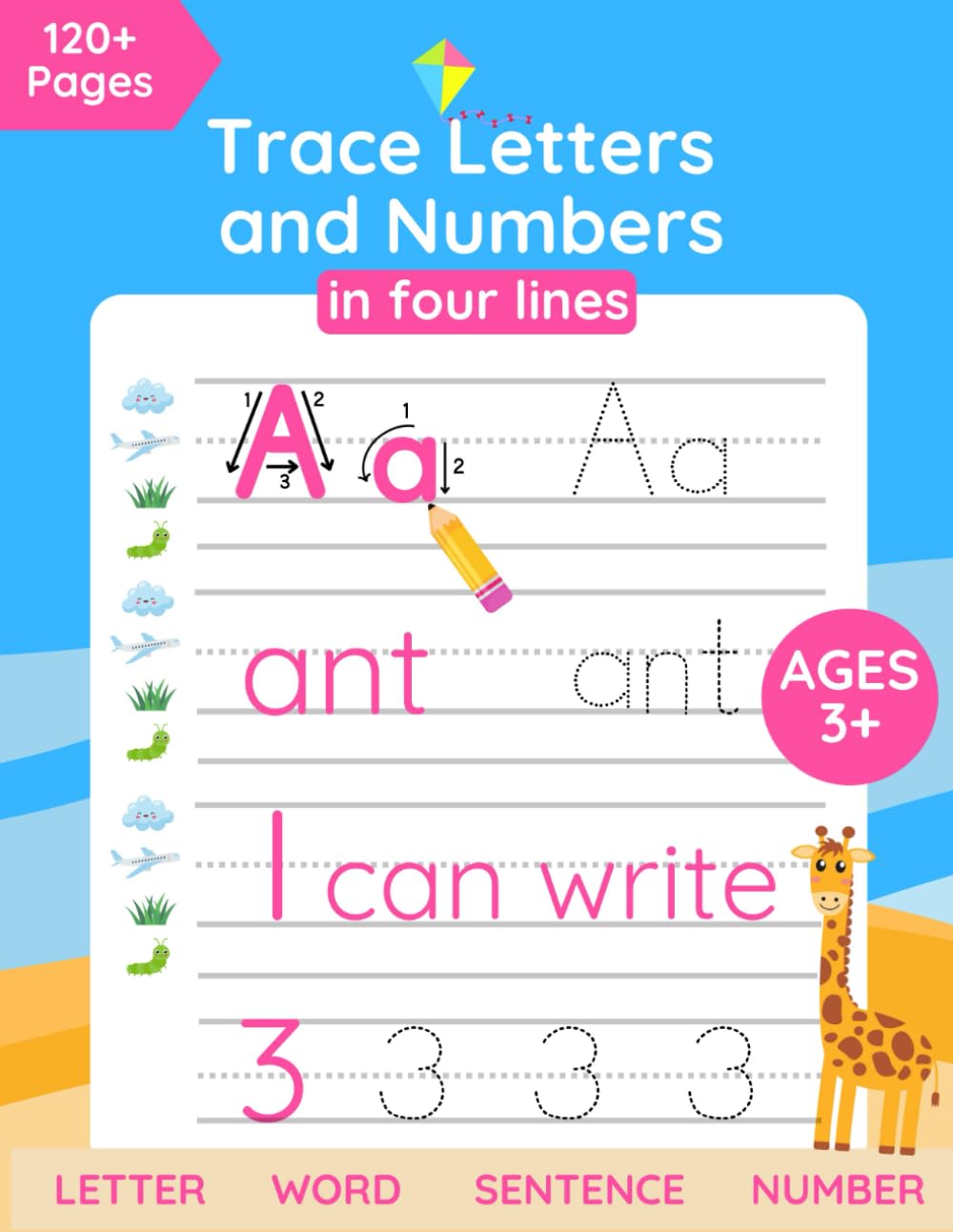 Trace Letters and Numbers in Four Lines: Alphabet Handwriting Practice Workbook for Kids