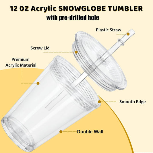 12 Oz Acrylic Kids Snowglobe Tumbler, 8 Pack Pre-Drilled Double Wall Plastic Snow Globe Cup for Glitter Snow Globe Diy