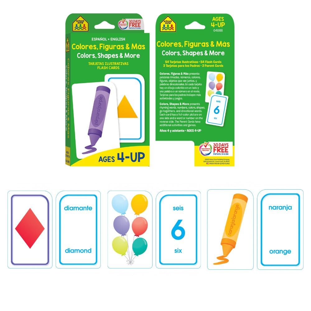 School Zone Preschool Spanish Bilingual 4-Pack Flash Cards: 224 Cards, Tarjetas de Índice Bilingües Español/Inglés, Alphabet, Sight Words,: Numbers 1-100, Colors & Shapes, Language Immersion, Ages 4+ (Spanish/English Edition)