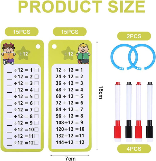 Multiplication and Division Flash Cards 30Pcs 0-12 Times Table Math Division Flash Cards with 4 Dry Erase Markers and 2 Rings for 1st to 3rd Grade Classroom Home