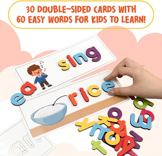 CVC Flashcards, Reusable Write & Match Spelling Game for Kids 3-6, Laminated Alphabet Cards with Wooden Letters & Dry Erase Marker, Montessori Learning Toy