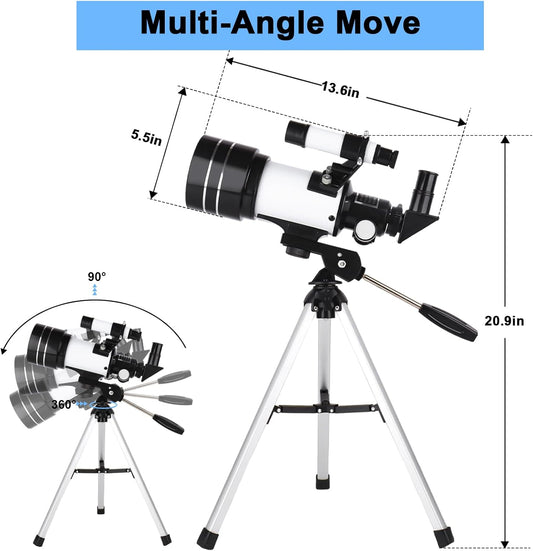 Telescope for Adults & Kids, 70mm Aperture 300mm Refractor Telescope, Portable Travel Refractor Telescopes for Astronomy Beginners with Tripod, Phone Adapter