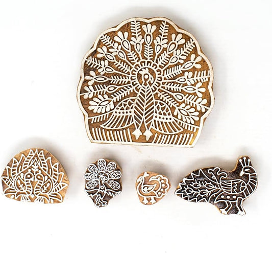 Peacock Design Wooden Printing Stamps for Card Making Scrapbooking Crafts Clay and Pottery (Set of 5) Hashcart®