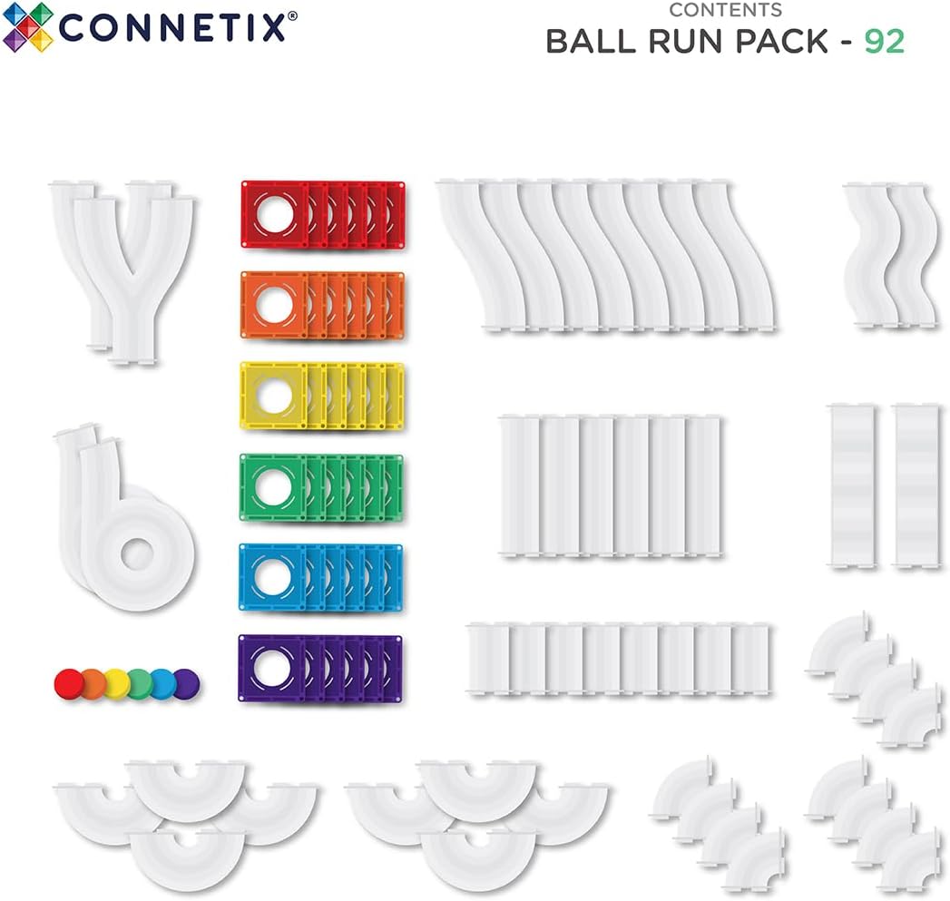 CONNETIX Magnetic Tiles Rainbow Ball Run Pack, 92 Pieces