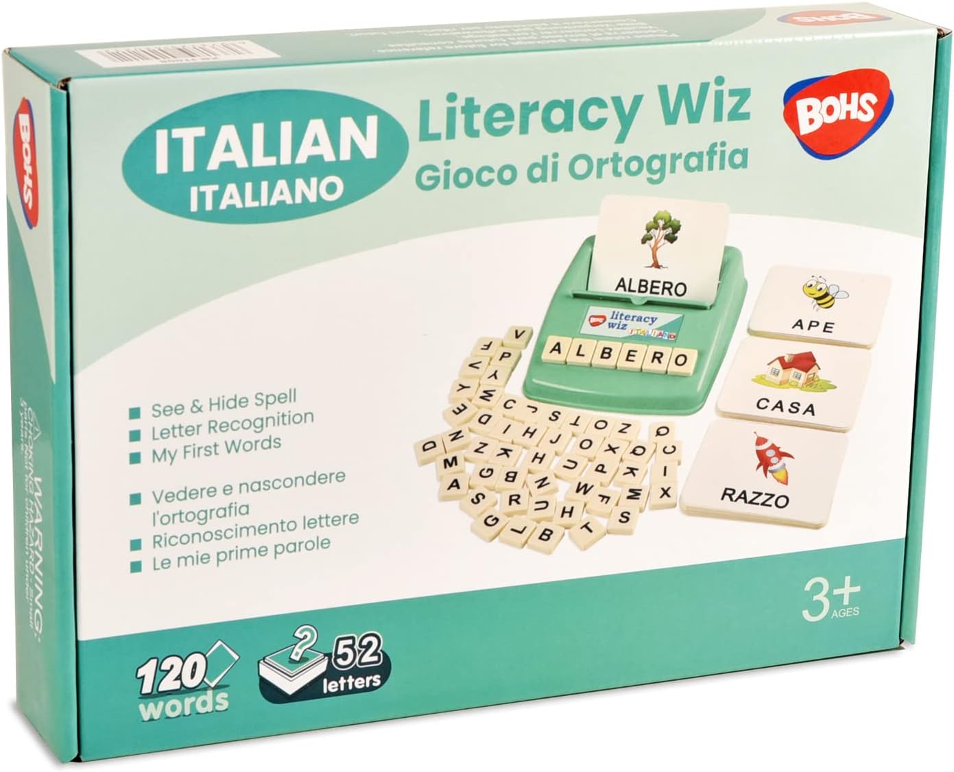 BOHS Italian Literacy Wiz Fun Game - See and Hide Spelling - 60 Flash Cards - Preschool Language Learning Educational Toys
