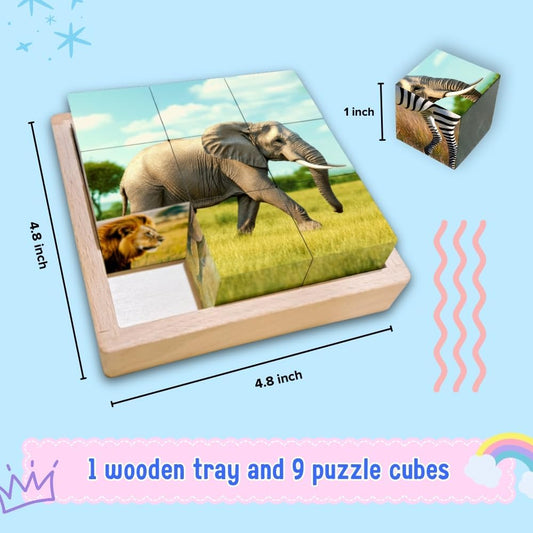 6-in-1 Wooden Animal Puzzle – Montessori Cube Toy for Kids – Realistic Farm Animals Educational Wood Blocks for Toddlers Ages 3–6