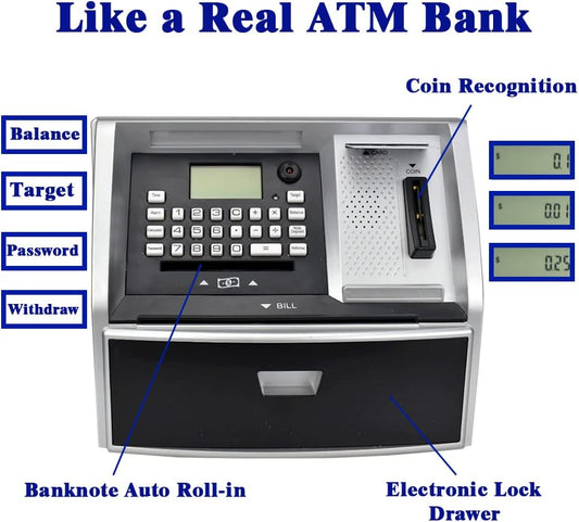 ATM Savings Bank with Debit Card, Electronic Piggy Bank for Real Money, Coin Recognition, Targets Setting, Password Login, Voice Prompt, Great Gift for Boys Girls (Golden/Black)