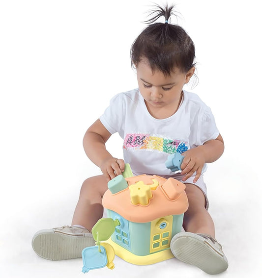 DOLU: Shape Sorter - Happy House - 9pc Sort & Play Toy, Lockable Doors Key Set, 5 Shapes & Matching Cutouts, Soft Pastel Colors, Toddlers & Kids 12mo+