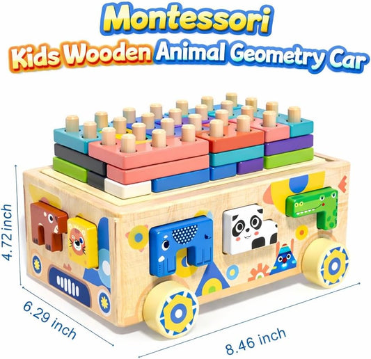 Wooden Montessori Toddler Toy Car Animal Shape Sorting & Peg Stacking Blocks Educational Learning Toy for Toddlers Ages 2-4 Fine Motor Skills Preschool Toy Wooden Shape Sorter Gift for Boys Girls