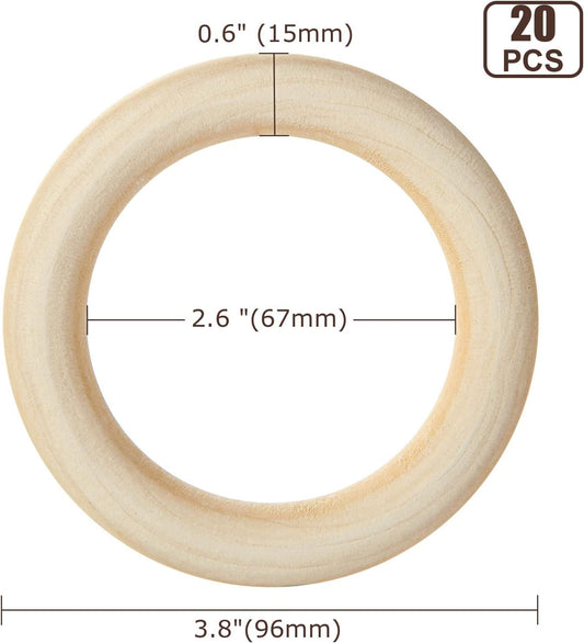 APACALI 20PCS Wood Rings for Crafts 4 Inch Large Natural Unfinished Wooden Ring 96mm Smooth Solid Smooth Wood Macrame Rings for DIY Crochet Wood Hoops Connectors Jewelry Making