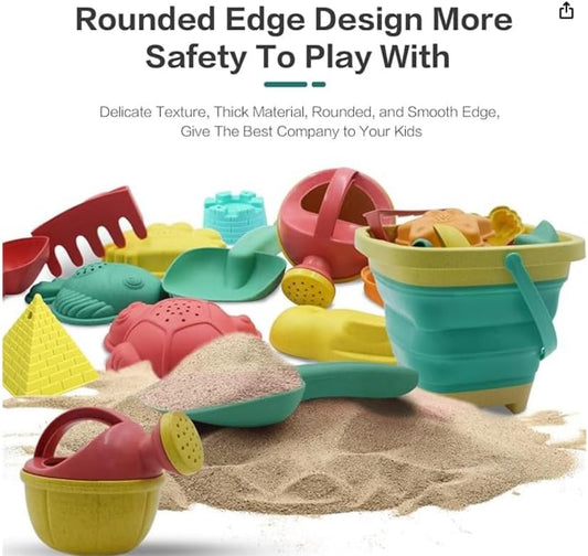 Sawaruita Beach Toys for Kids - Sand Toys Set Includes Collapsible Sand Bucket Shovel and Sand Rake Toy for Beach 12 PCS, Sandbox Toys Sandcastle Building Kit (A)
