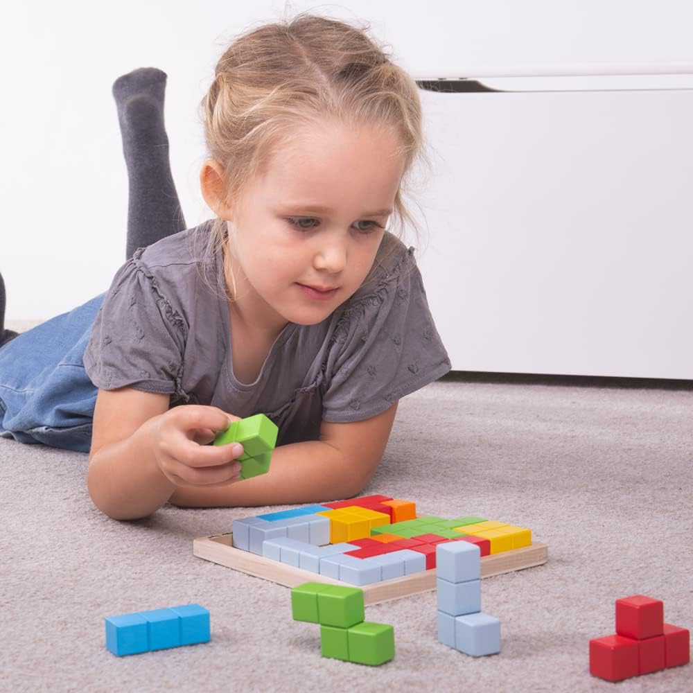 Bigjigs Toys Pattern Block Puzzle - Tangram Jigsaw Puzzle for Kids, Quality Wood Block Puzzles & Brain Teasers Toy, Develops Children's Strategic Thinking