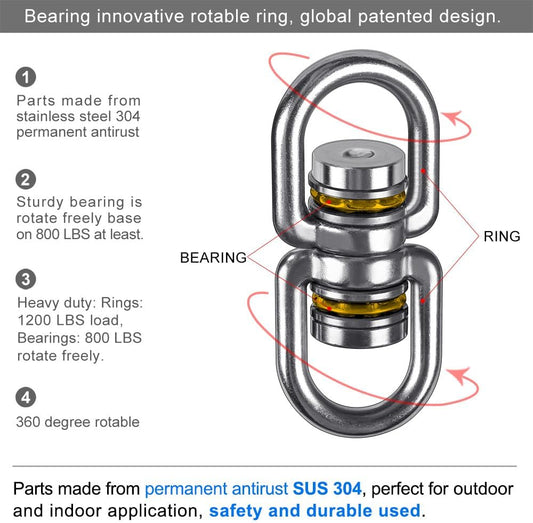 SELEWARE Silent Bearing Swing Swivel, 360° Rotational Device Hanging Accessory with Removeable Buckle for Tree Swing, Hammock Chair, Climbing Rope, Yoga, Kids Swing Swivel 1200LB Capacity, 2 Pack