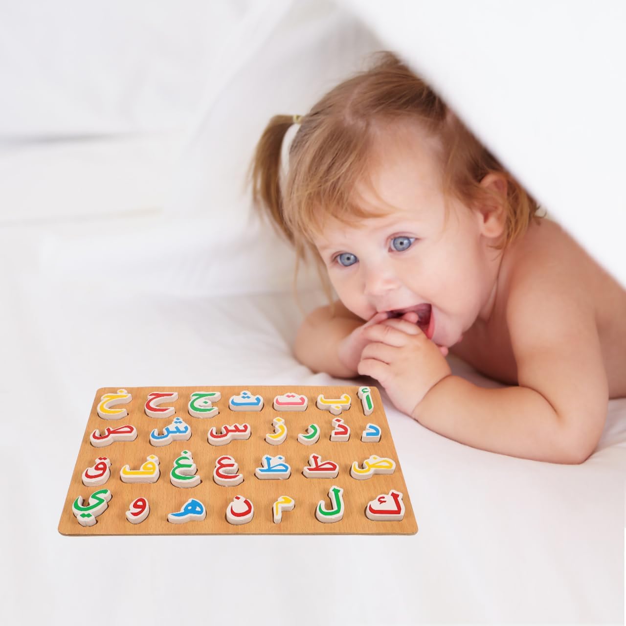 Arabic Alphabet Puzzle Board: Wooden Numbers Letters Words Learning Jigsaw for Montessori Education, Preschool Toddlers Kids Childrens Hand Grip Blocks Game Toys