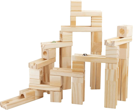 Wooden Marble Run for Kids Ages 4-8, 80 Pieces Wood Building Blocks Toys and Construction Play Set, Marble Track Maze Game STEM Learning Toys Gifts for Boys Girls (80pc Set)