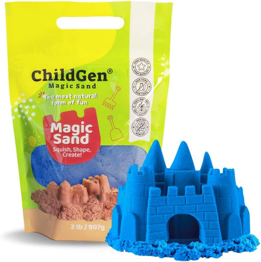 ChildGen Magic Sand, 2lbs Natural Sea Sand in Resealable Bag, Non-Toxic Play Sand for Kids, Soft, Moldable, Mess-Free Sensory Play (Green)
