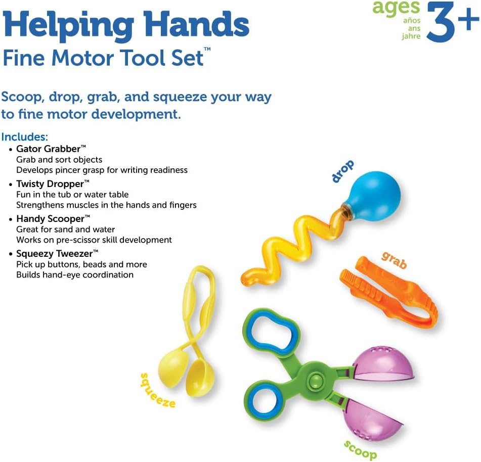 Learning Resources Helping Hands Fine Motor Tool Set Toy - Sensory Bin Sand Toys, Montessori, Plastic Tweezers, Therapy Games For Toddler, Homeschool Preschool Supplies
