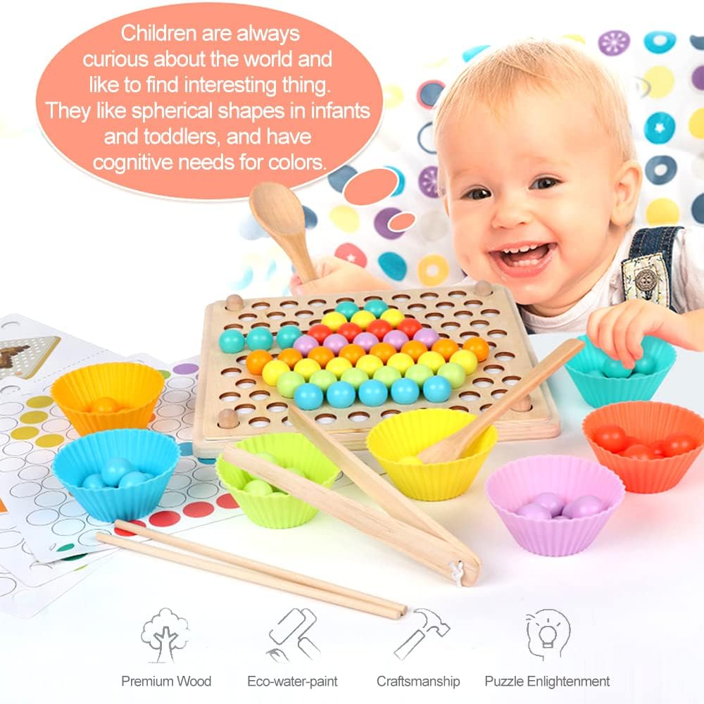 Kids Wooden Toy, Children's Toys for 3 Years Old, Montessori Board, Fine Motor Early Education Color Recognition Chopsticks Clip Beads Hands Brain Training
