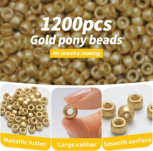 1200pcs Pony Beads Bulk – Gold 6x9mm Plastic Craft Beads for Bracelets, Jewelry, Hair Braiding & DIY Projects