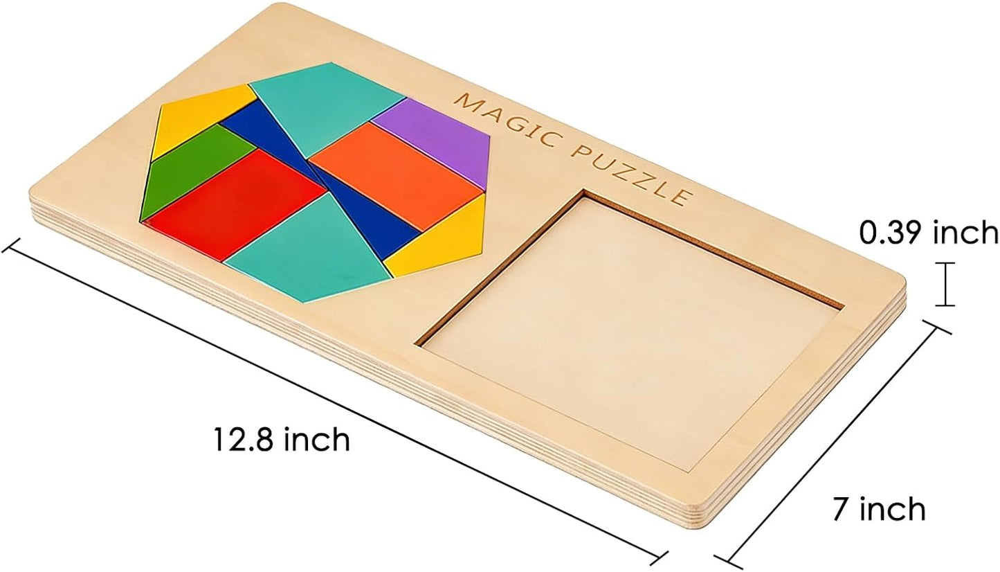 KINGOU 2-in-1 Wooden Tangram Puzzle for Kids & Adults, Hexagon and Square Brain Teasers Intelligence STEM Toys, Geometric Shape Block Jigsaw Games, Desktop Mind Puzzles Travel Gift for Ages 4-8 8-12