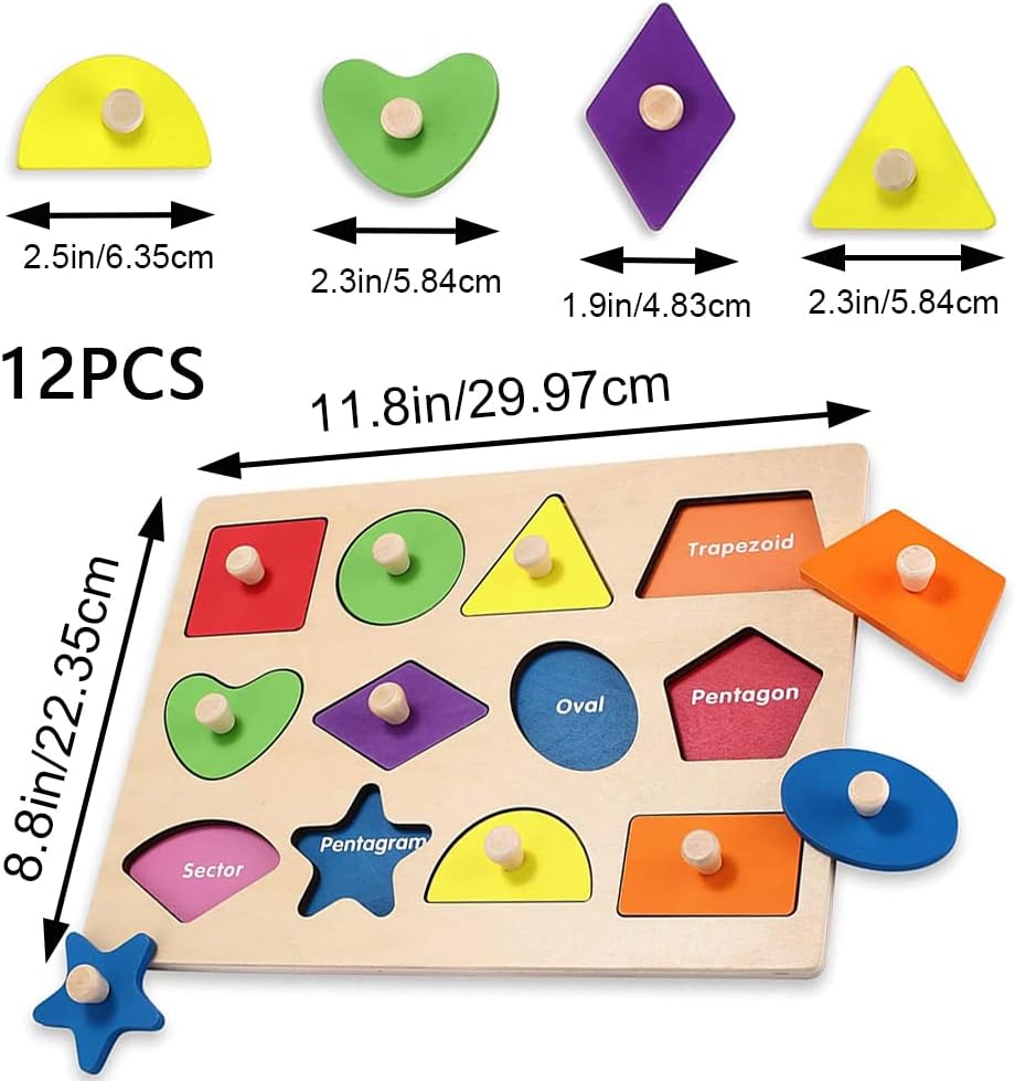 Montessori Toy Wooden Shape Peg Puzzles Montessori Baby Puzzle Geometric Shape Puzzle with Board Knob Preschool Wooden Puzzles for Toddlers 1-3 Year Old
