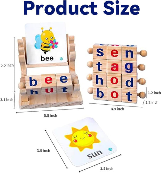 Wooden Reading Blocks, 5 Sets of Short Vowel Rods and 40 Sight Words Flash Cards, Turning Rotating Letter Puzzle for Kids, Montessori Spelling Toy for Preschool Boys Girls Ages 3+