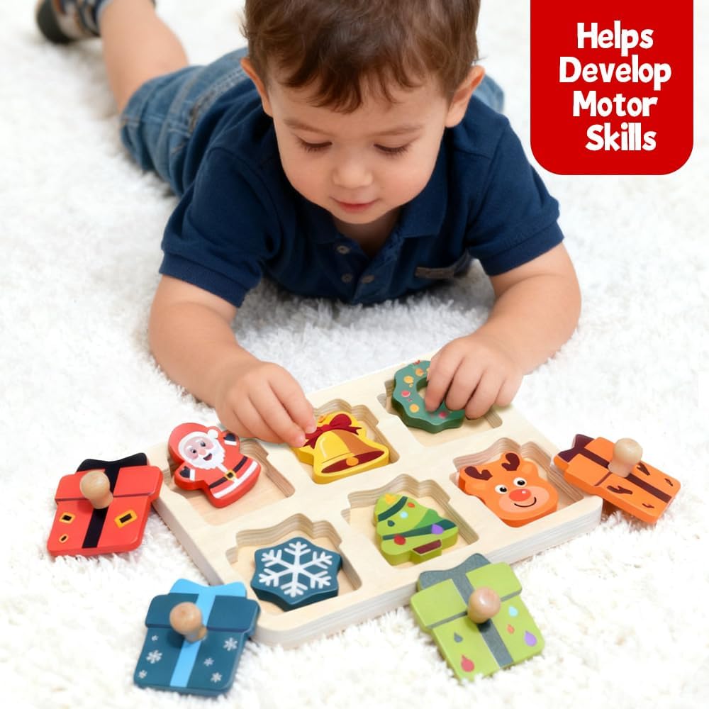 Waybla Stocking Stuffer for Kids - Christmas-Themed Wooden Peg Puzzle for Toddlers 1-3 Years, Montessori Educational Toy and Learning Activity