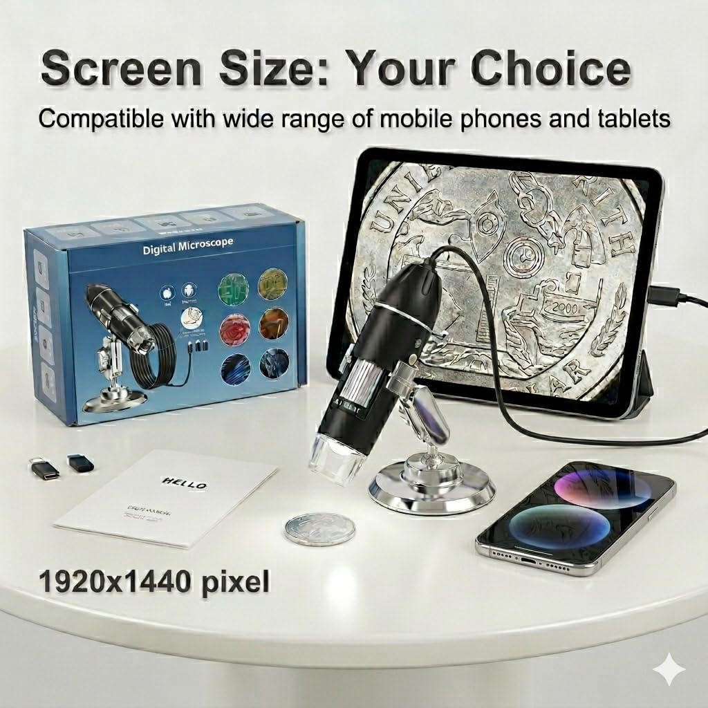 USB Digital Microscope, 50x-1600x Magnification Handheld, 1920P HD 8 LED Lights, Portable Pocket Microscope, Compatible with iOS and Android Devices, +2MP Magnifier Camera, No PC Support