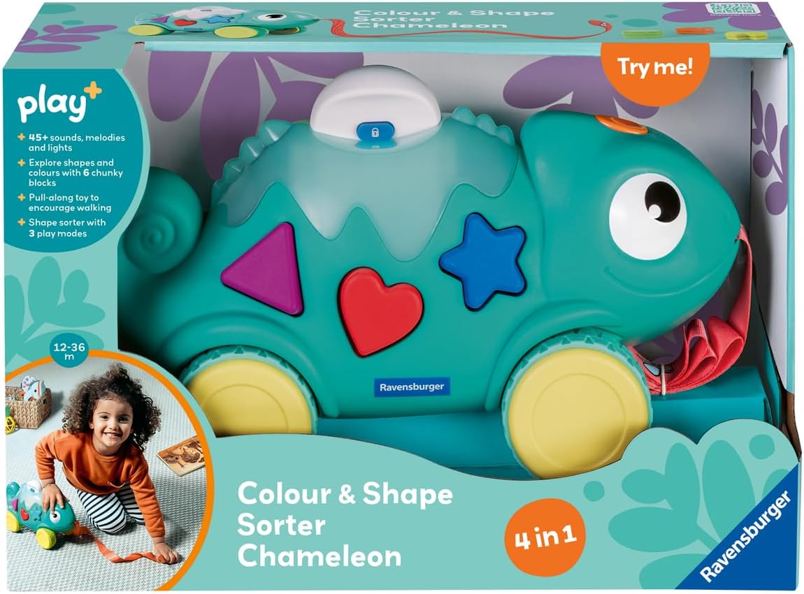 Ravensburger Play+ Colour & Shape Sorter – Chameleon | 3-in-1 Shape Sorting & Pull-Along Toy | Encourages Early Learning & First Steps | 6 Months and Up