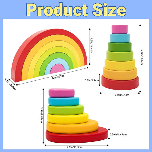 MEGRANATE Montessori Wooden Rainbow Stacking Toys for Baby Grimms Wood Building Blocks Nesting Puzzle Toy Colorful Stacker Arch Game Sensory Educational Learning Toys for 3+ Year Old Toddler