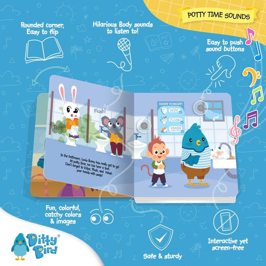 DITTY BIRD Board Books for Toddlers 1-3 | Potty Time Sound Book |Toilet Training Nursery Rhyme Toys | Interactive Toddler Books for 1 Year Old to 3 Year Olds | Baby Sound Books with 12 Sounds